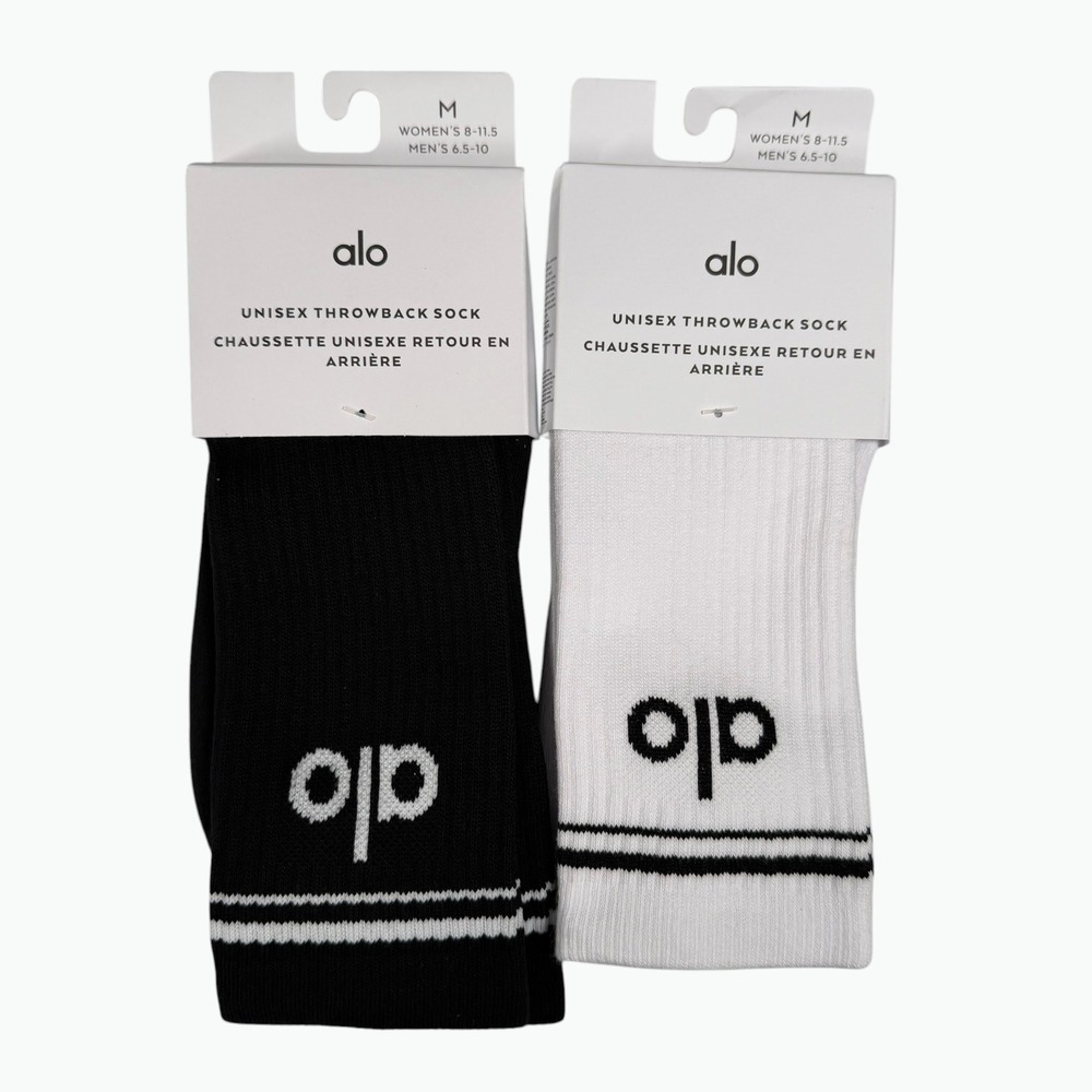 Alo Yoga Throwback Sock 2-Pack Unisex Size M Black White Ribbed Crew Socks